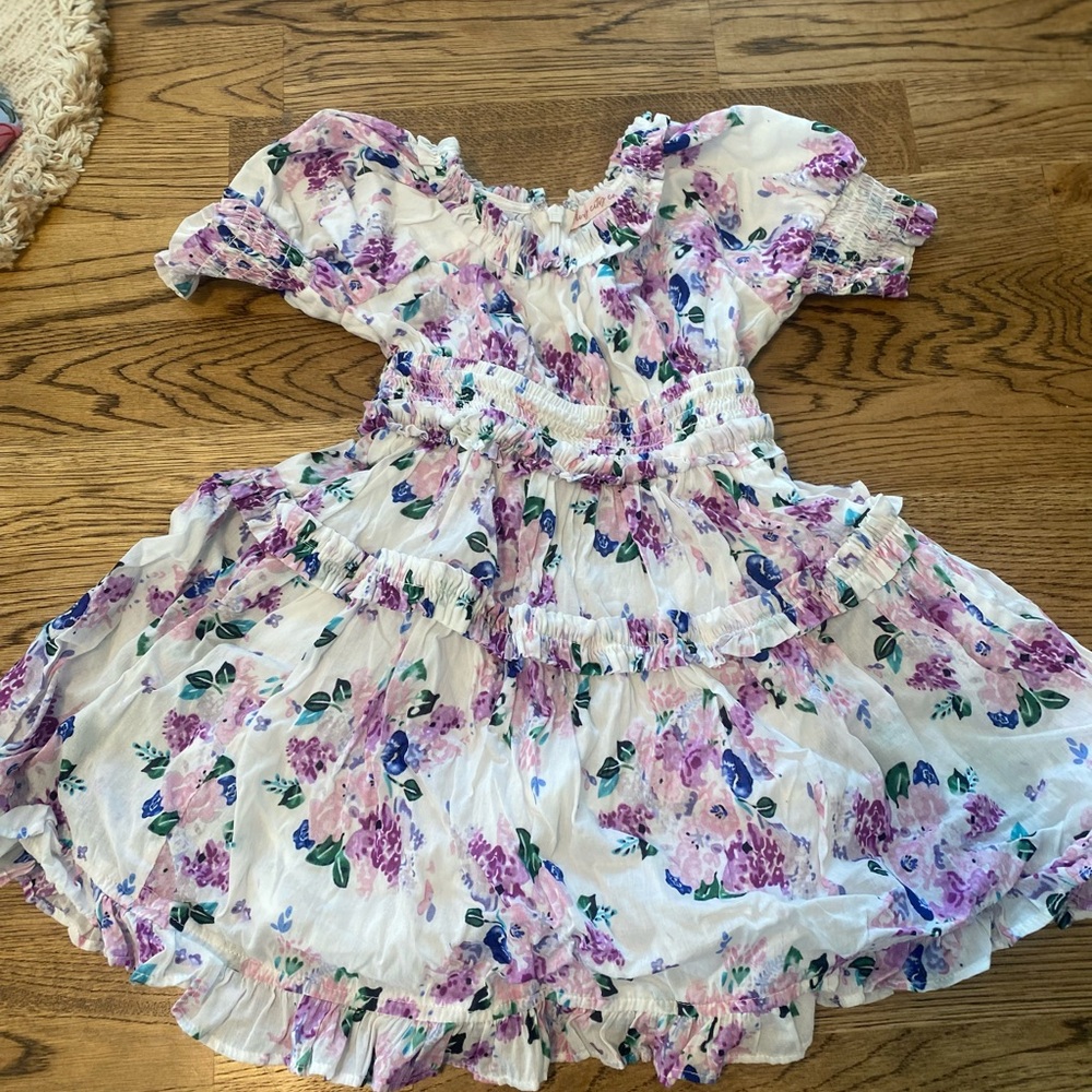 Purple, pink and blue ruffle dress